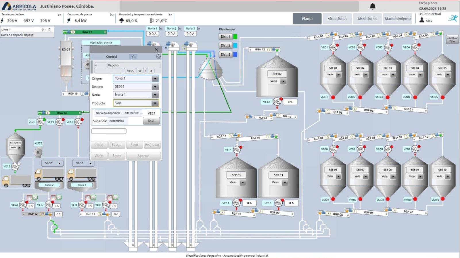 SCADA WinCC de planta de acopio con silos, norias y comando de ruta